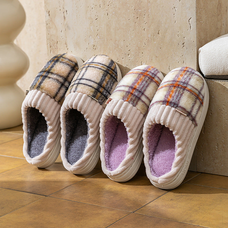 Plaid Plush Slippers Warm Soft Non-slip Bedroom Home Slipper For