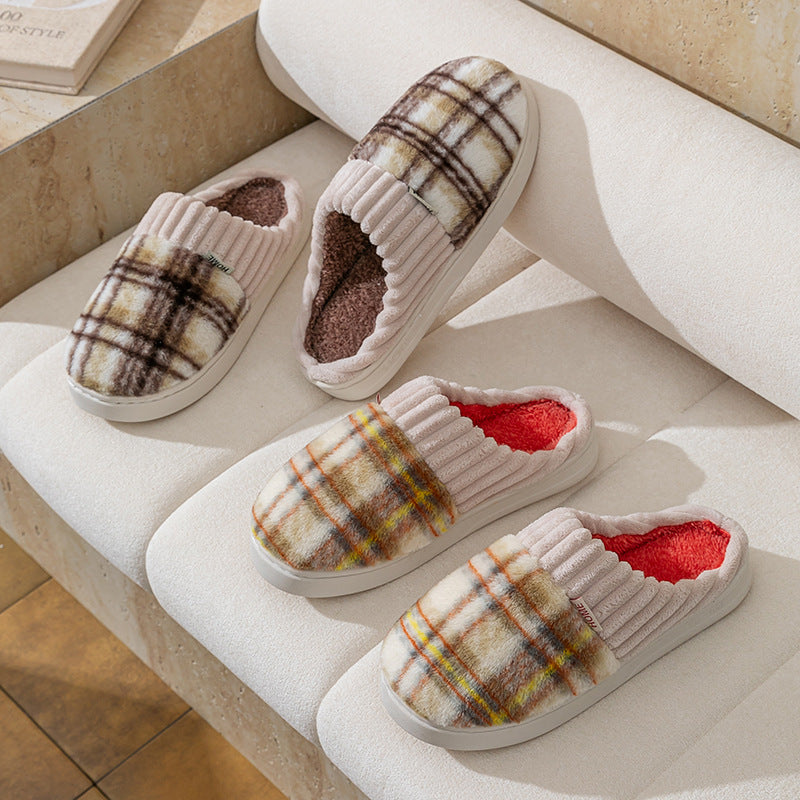 Plaid Plush Slippers Warm Soft Non-slip Bedroom Home Slipper For