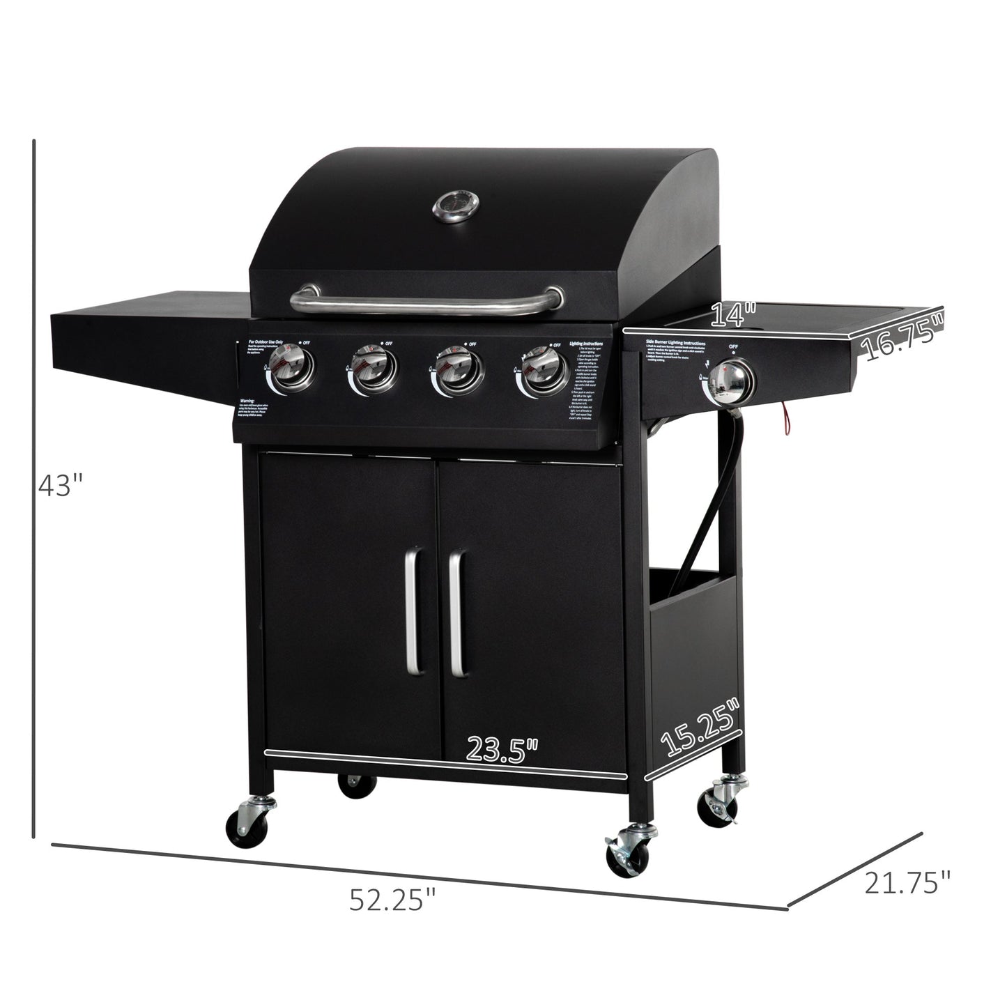 52" Barbecue Grill with Wheels 4+1 Burner Liquid Propane Gas Grill