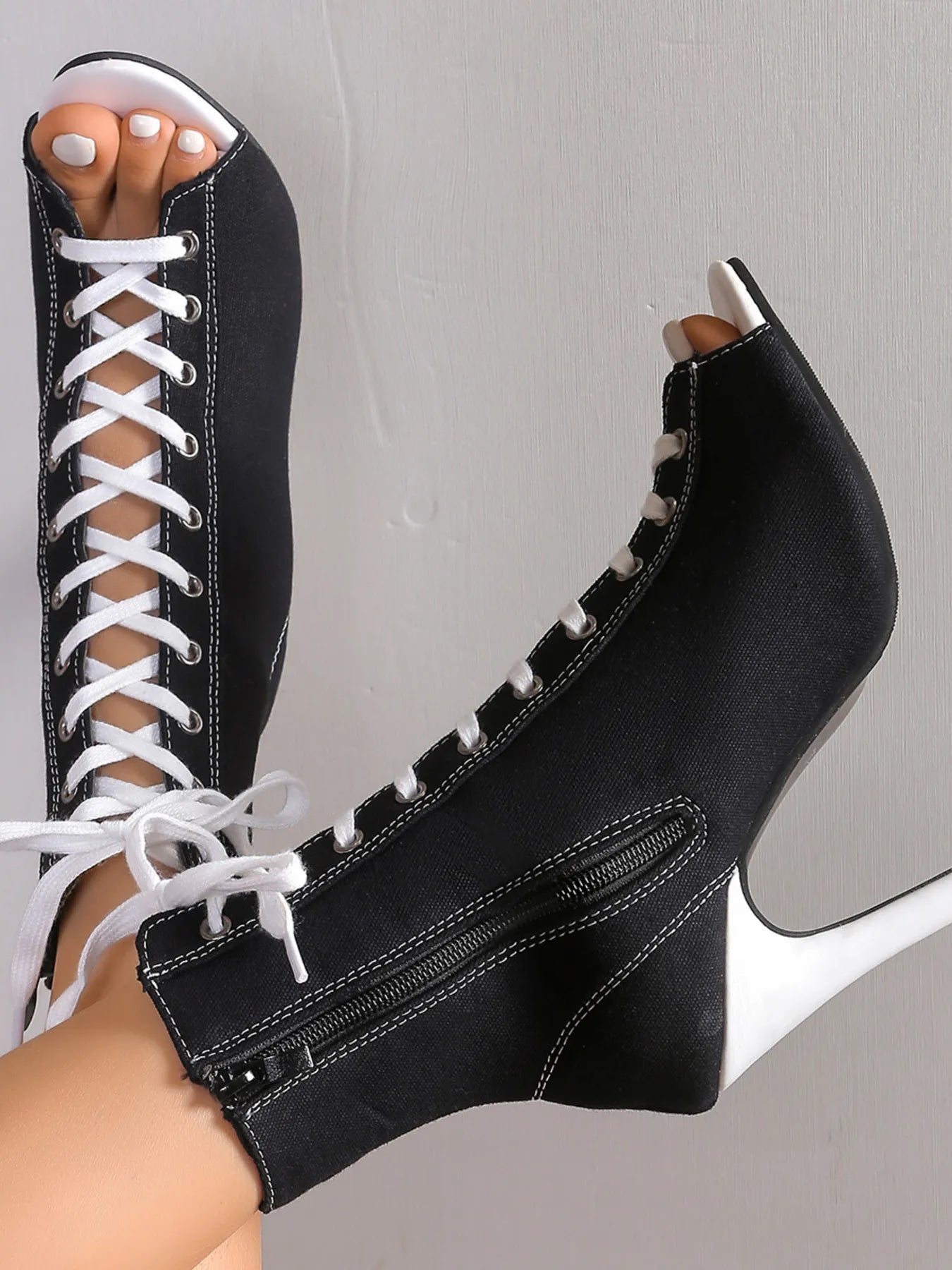 Canvas Lace-Up Peep Toe : Stiletto Ankle Boots