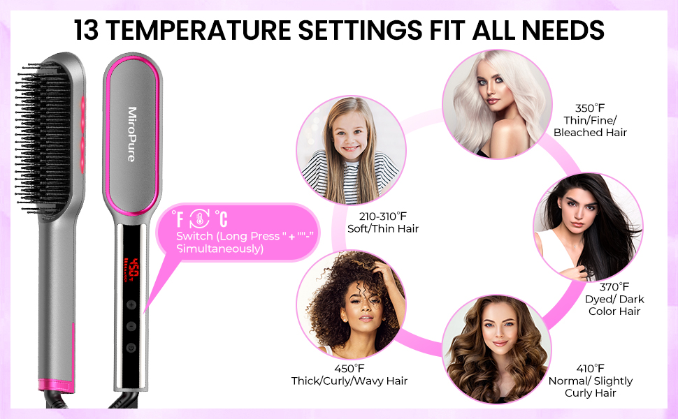 13 Heat Settings Hair Straightener Brush with LED Screen