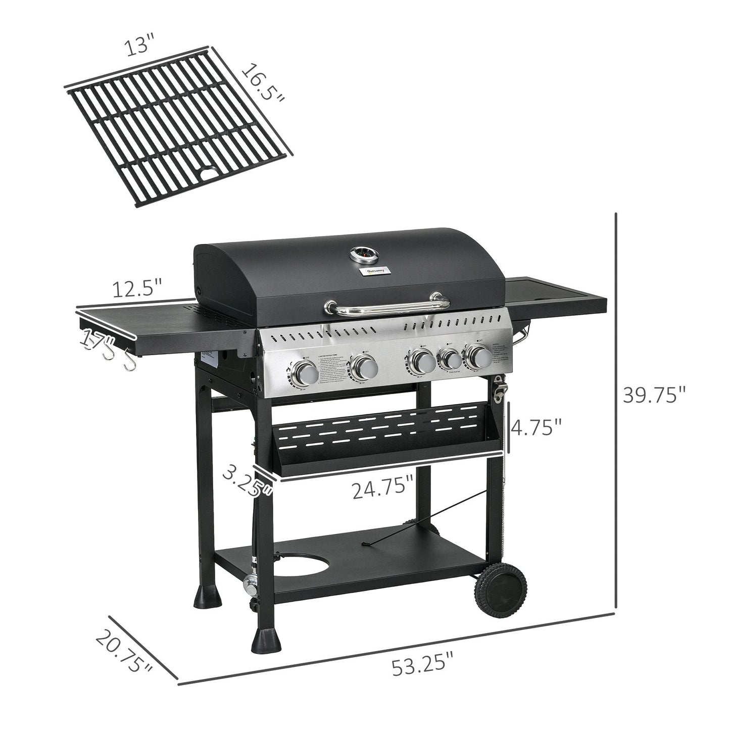 Propane Gas Grill 4+1 Burner 40000 BTU BBQ Trolley with Warming Rack