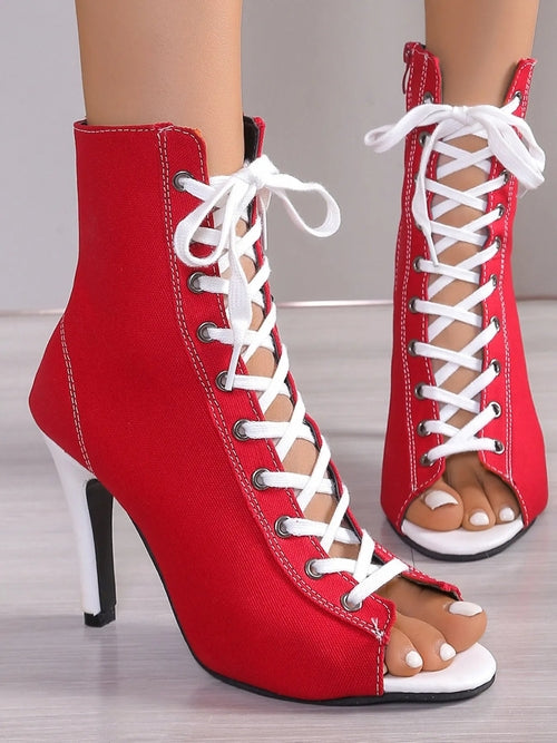 Canvas Lace-Up Peep Toe : Stiletto Ankle Boots